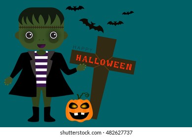 Halloween vector card in green zombie have a scarred face cartoon character with a funny pumpkin and brown crucifix on pastel green background.