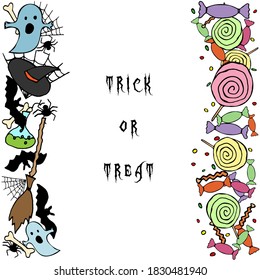 Halloween vector card. Holiday bordure with sweets on white background for banner, poster, greeting card, party invitation.
