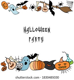 Halloween vector card. Holiday bordure with pumpkins, spiders, ghosts, bats on white background for banner, poster, greeting card, party invitation.