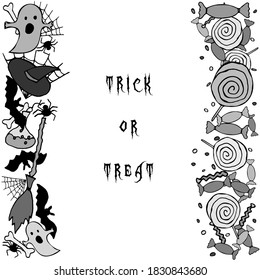 Halloween vector card. Holiday monochrome bordure with sweets on white background for banner, poster, greeting card, party invitation.