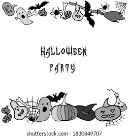 Halloween vector card. Holiday monochrome bordure with pumpkins, spiders, ghosts, bats on white background for banner, poster, greeting card, party invitation.