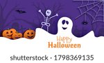 Halloween vector card illustration in paper cut style. White ghost pumpkin and skeleton cut out of cardboard on a dark background recognized. 3D bat flies over cobwebs and graveyard. Halloween banner