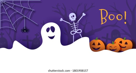 Halloween vector card illustration in paper cut style. White ghost pumpkin and skeleton cut out of cardboard on a dark background recognized. 3D bat flies over cobwebs and graveyard. Halloween banner