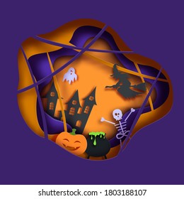 Halloween vector card illustration in paper cut style. Pumpkin ghost and skeleton cut out of cardboard on a dark background recognized. 3D bat flies over cobwebs and graveyard with graves and crosses