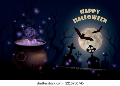 Halloween vector card with moon and cauldron