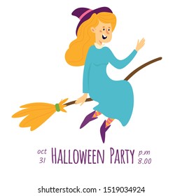 Halloween vector card, postcard, poster, invitation, flyer with people in different carnival costumes having fun in cartoon style isolated on white background. 