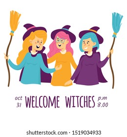 Halloween vector card, postcard, poster, invitation, flyer with people in different carnival costumes having fun in cartoon style isolated on white background. 