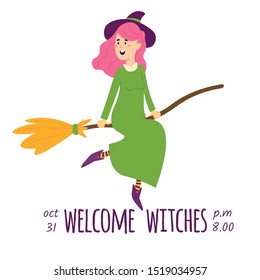 Halloween vector card, postcard, poster, invitation, flyer with people in different carnival costumes having fun in cartoon style isolated on white background. 