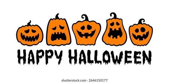 Halloween vector card with pumpkins. Jack lanterns in cartoon style. Happy Halloween phrase. For paper or laser cutting and sublimation. Isolated on a white background.