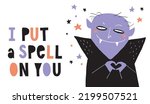Halloween Vector Card with Scarry Vampire, Stars and Handwritten I put a Spell on You. Happy Halloween. Vampire with Violet Face on a White Backround. Cool Halloween Print ideal for Banner, Poster.