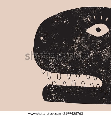 Halloween Vector Card with Scary Blac Dinosaur. Big Head of Dino on a Beige Background. Creepy Illustration with Angry Monster ideal for Card, Poster, invitation. Grunge Hand Drawn Dragon Print.