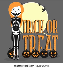 Halloween vector card with scary character, cute jack-o'-lanterns and hand lettered text. Vector art
