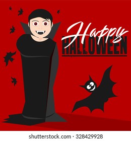 Halloween vector card with scary character, cute bat and hand lettered text. Vector art
