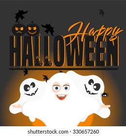 Halloween vector card with scary character, ghosts hand lettered text. Vector art