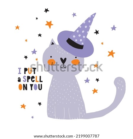 Halloween Vector Card with Sweet Cat, Stars and Handwritten I put a Spell on You. Happy Halloween. Kitty in a Violet Witch Hat on a White Backround. Cool Halloween Print ideal for Banner, Poster.