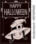 Halloween vector card. Witch, creepy framework and letters. Drawing and lettering is handmade are made with white chalk on dark brown background. This useful to cards 105x148mm
