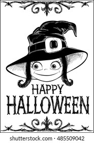 Halloween vector card. Witch, creepy framework and letters. Drawing and lettering is handmade are made with ink on white background. This useful to cards 105x148mm