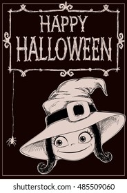 Halloween vector card. Witch, creepy framework and letters. Drawing and lettering is handmade are made with white chalk on dark brown background. This useful to cards 105x148mm