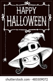 Halloween vector card. Witch, creepy framework and letters. Drawing and lettering is handmade are made with white chalk on dark brown background. This useful to cards 105x148mm