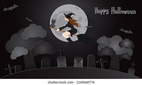 Halloween vector card with witch flying on a broom and origami cat,graveyard background.