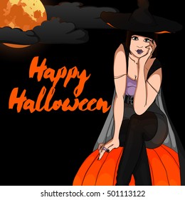 Halloween vector card. Witch sitting on an orange pumpkin on the dark sky and the full Moon background.