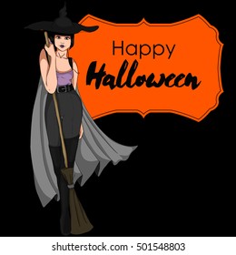 Halloween vector card. Witch standing with broom.