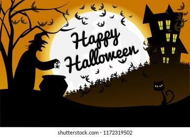 Halloween vector card.Witch Castle, pumpkin, tree, spider, full moon at night. Flying vampires, ghosts and stars. Autumn holiday. Vector,flat style.scary silhouette of witch boiling poison in cauldron