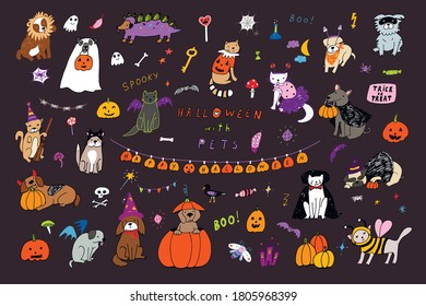 Halloween vector cartoon cats, dogs, pumpkin illustrations set