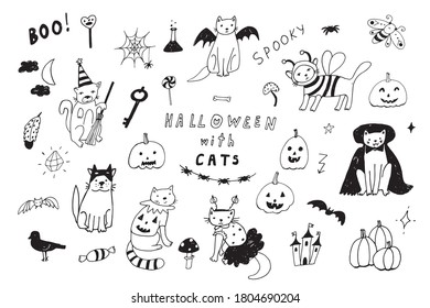 Halloween vector cartoon cats illustrations line set