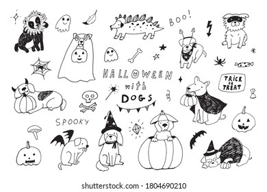 Halloween vector cartoon dogs illustrations line set