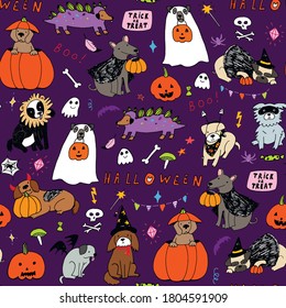 Halloween vector cartoon dogs seamless pattern