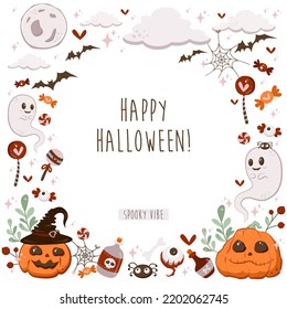 Halloween vector cartoon frame with cute characters, ghost, witch hat, bat, moon with pumpkin clouds with jack smile. Template for postcards, flyers, Halloween background.