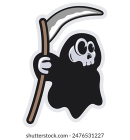 halloween vector cartoon illustration of a grim reaper carrying a huge scythe in a cute style, work of hand drawn