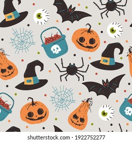 Halloween vector cartoon seamless pattern. Background for wallpaper, wrapping, packing, and backdrop.