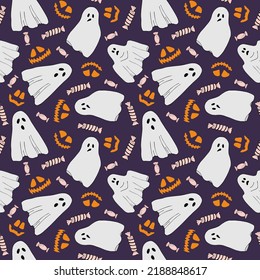 Halloween vector cartoon seamless pattern. Ghosts, Jack-o-lantern. Purple background. Background for wallpaper, wrapping, packing, and backdrop.