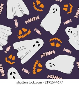 Halloween vector cartoon seamless pattern. Ghosts, Jack-o-lantern. Purple background. Background for wallpaper, wrapping, packing, and backdrop.