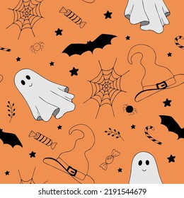 Halloween vector cartoon seamless pattern. Ghosts, bats, witch's hat, cobwebs, sweets. Background for wallpaper, packaging, packaging and background.
