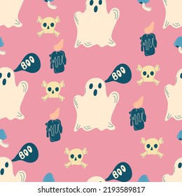 Halloween vector cartoon seamless pattern with a ghost. Background for wallpaper, wrapping, packing, and backdrop.
