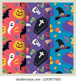 Halloween vector cartoon seamless pattern. Background for wallpaper, wrapping, packing, and backdrop. Halloween background with ghosts, skulls, bones, bats, pumpkins, spiders and maple leaves.