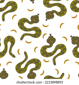 Halloween Vector Cartoon Seamless Pattern With Celestial Snake, Mystic Animal, Moon Serpent, Witch Mystical Graphic Element. Spiritual Background For Wallpaper, Wrapping, Packing, And Backdrop.