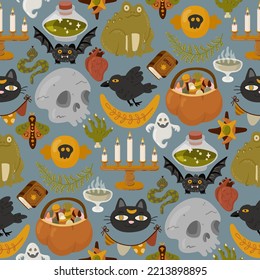 Halloween vector cartoon seamless pattern with pumpkin lantern, ghost, skull, spider, and other scary or festive elements . Mystical background for wallpaper, wrapping, packing, and backdrop.