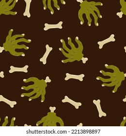 Halloween vector cartoon seamless pattern with Cartoon Zombie Hand for horror halloween design. Mystical background for wallpaper, wrapping, packing, and backdrop.