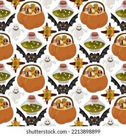 Halloween vector cartoon seamless pattern with pumpkin lantern, ghost, skull, spider, and other scary or festive elements . Mystical background for wallpaper, wrapping, packing, and backdrop.