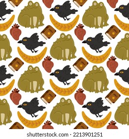 Halloween vector cartoon seamless pattern with pumpkin lantern, ghost, skull, spider, and other scary or festive elements . Mystical background for wallpaper, wrapping, packing, and backdrop.