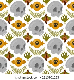 Halloween vector cartoon seamless pattern with pumpkin lantern, ghost, skull, spider, and other scary or festive elements . Mystical background for wallpaper, wrapping, packing, and backdrop.