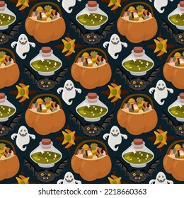Dibujo vectorial de Halloween sin fisuras con linterna de calabaza, fantasma, cráneo, araña y otros elementos atemorizantes o festivos. Fondo místico para papel pintado, envoltura, embalaje y fondo.