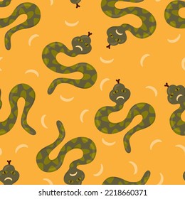 Halloween Vector Cartoon Seamless Pattern With Celestial Snake, Mystic Animal, Moon Serpent, Witch Mystical Graphic Element. Spiritual Background For Wallpaper, Wrapping, Packing, And Backdrop.