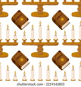 Halloween vector cartoon seamless pattern with pumpkin lantern, ghost, skull, spider, and other scary or festive elements . Mystical background for wallpaper, wrapping, packing, and backdrop.