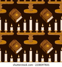 Halloween vector cartoon seamless pattern with pumpkin lantern, ghost, skull, spider, and other scary or festive elements . Mystical background for wallpaper, wrapping, packing, and backdrop.