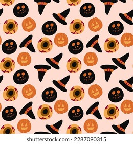 Halloween vector cartoon seamless pattern. Background for wallpaper, wrapping, packing, and backdrop.